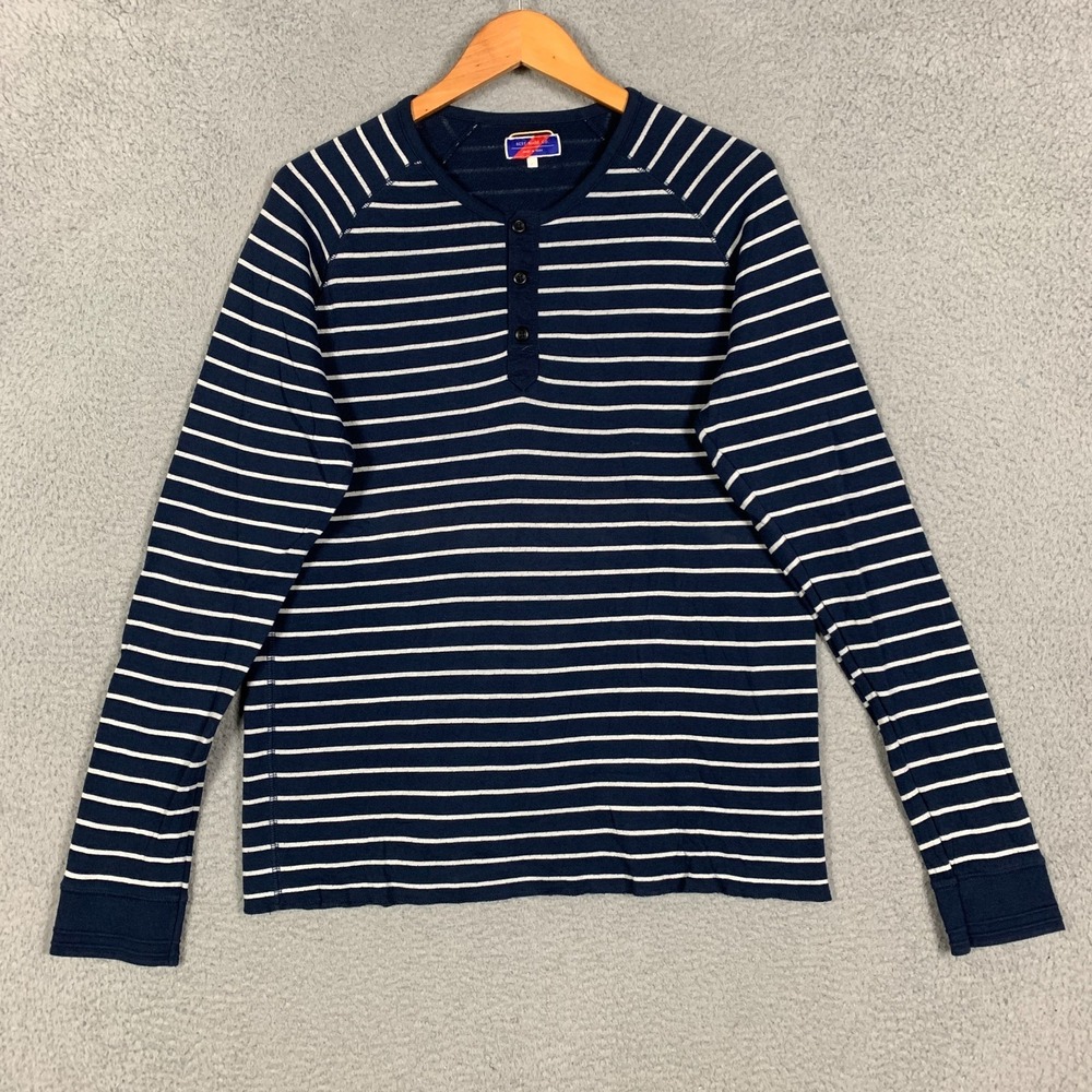 Best Made Co Henley Shirt Mens Large Navy/White Striped Long Sleeve Cotton Terry